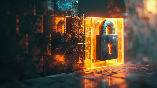A split image with a traditional lock on one side and a glowing blockchain cube on the other, symbolizing the shift towards secure digital transactions.