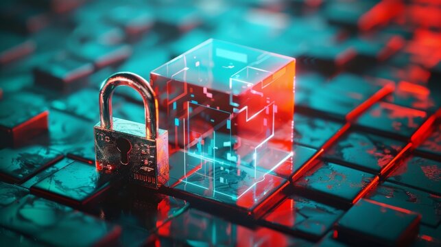 A split image with a traditional lock on one side and a glowing blockchain cube on the other, symbolizing the shift towards secure digital transactions.