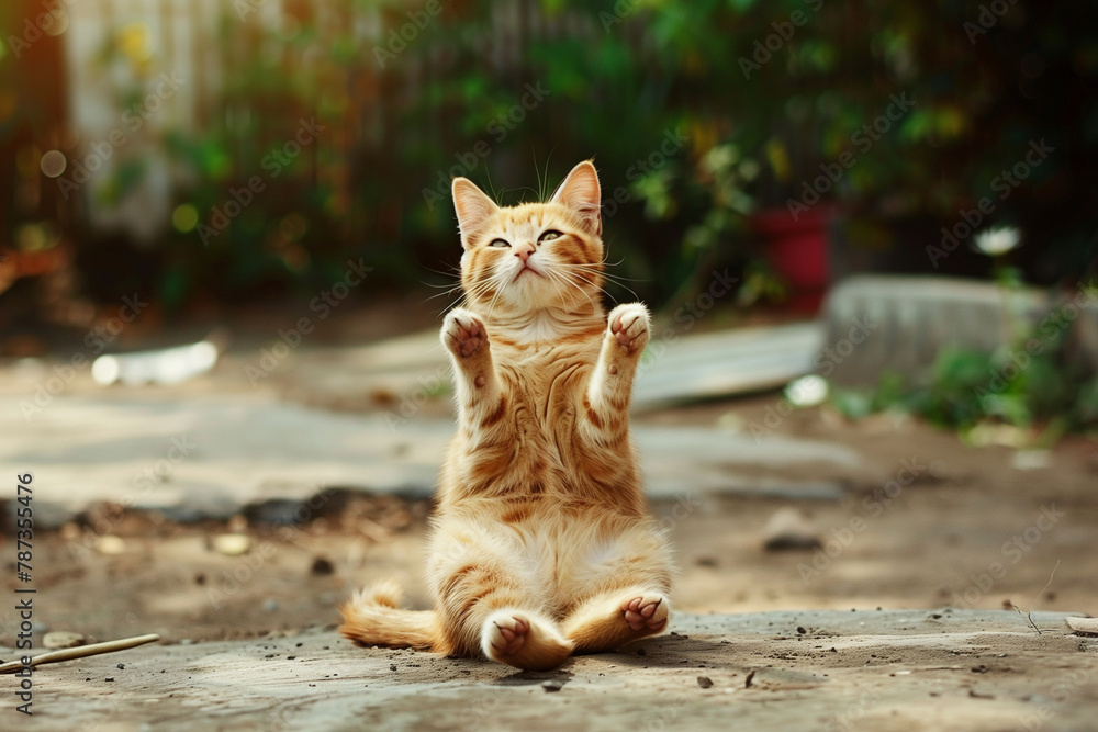 Poster a cat is sitting on the ground and looking up at the camera. the cat is orange and has a playful exp
