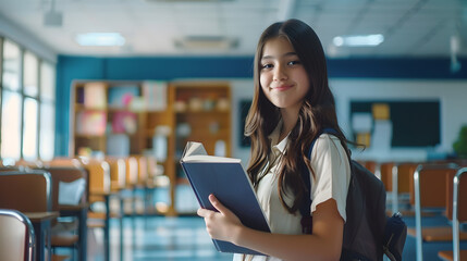 Portrait of smiling smart teenage girl holding book looking at camera standing in modern classroom copy space Back to school education concept : Generative AI