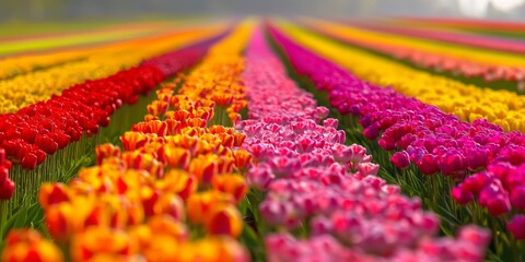 A breathtaking view of colourful tulip fields with vivid stripes of red, yellow, and pink flowers