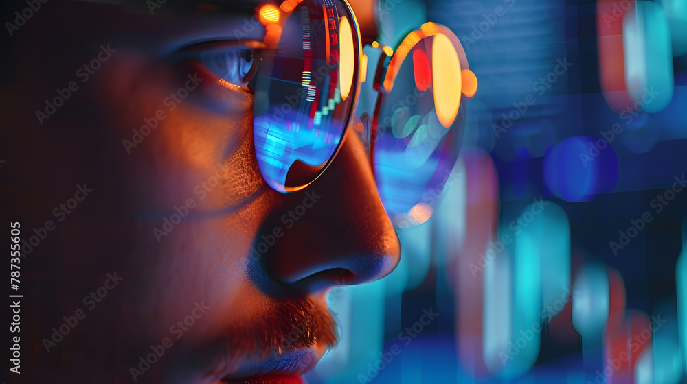 Poster portrait of trader wearing eyeglasses with reflection cryptocurrency chart closeup portrait of man a