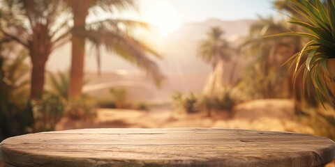 The warm glow of a tropical paradise seen from a wooden tabletop perspective amid palm trees - obrazy, fototapety, plakaty