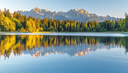 Tranquil high tatra lake autumn sunrise with colorful mountains and pine forest for nature hiking - obrazy, fototapety, plakaty