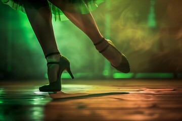 Close-up of Irish dance shoes in action, a dancers feet mid-step on a wooden stage - obrazy, fototapety, plakaty