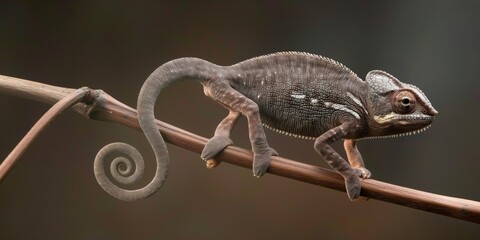 Superbly detailed image of a chameleon tightly gripping a branch, showcasing its unique features and adaptive coloration - obrazy, fototapety, plakaty