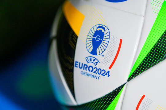 Detail macro view at Logo of Euro 2024 in Germany. Detail at Official Adidas soccer ball Fussballliebe
