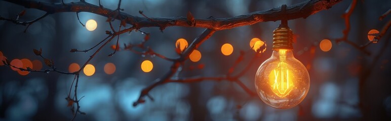 Eco-friendly energy concept with illuminated bulb at twilight: a panoramic view featuring a glowing low energy bulb among tree branches, symbolizing renewable energy - Powered by Adobe