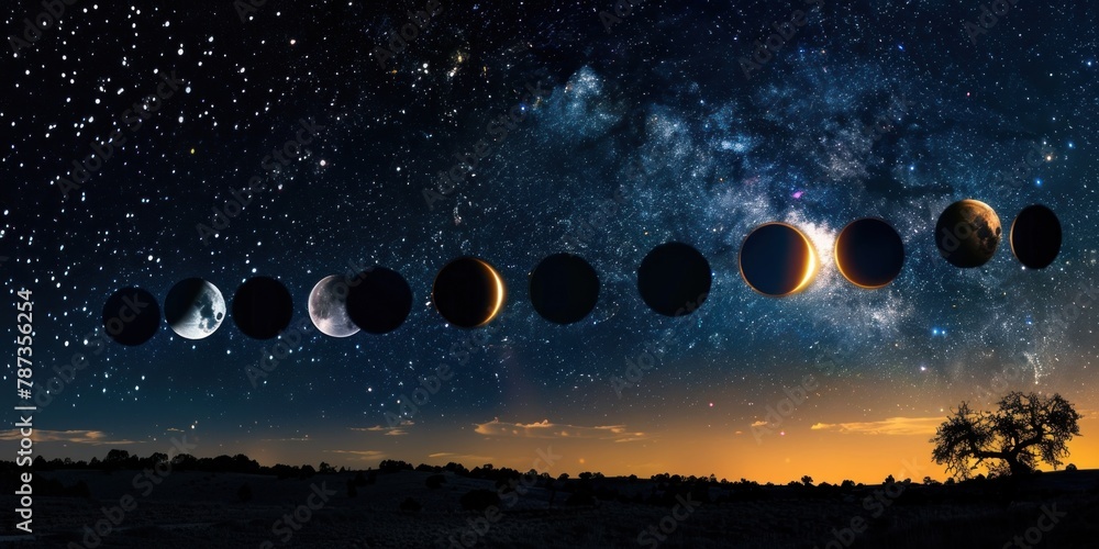 Poster a composite image of the phases of a partial solar eclipse superimposed on a starry night sky.