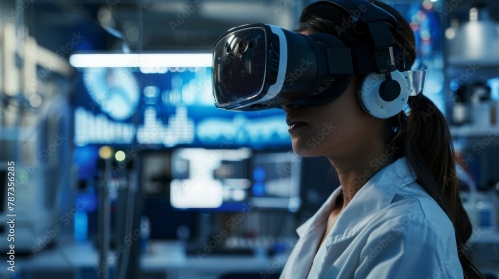 Poster female engineer using virtual reality in high-tech lab