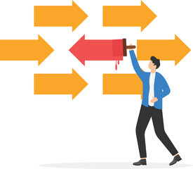 Do different concept, innovative ideas, man with pencil drawing a Different color arrow to the left in the middle of many arrows heading to the right
