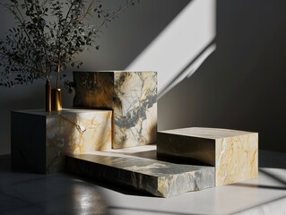 Stone podium for product display with light rays from the window illuminating the room