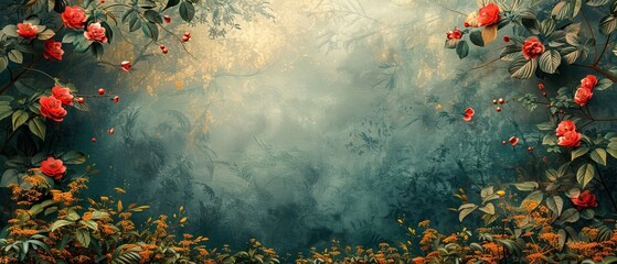 Wall background with abstract, stylish elements, watercolor, paint, forest, plants, flowers, leaves, and gold.