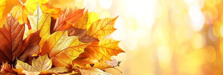 Vibrant autumn banner with blurred maple leaves in orange tones for seasonal design