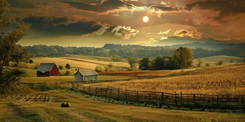 Obraz premium A rural landscape with a farmhouse and fields, with the partially eclipsed sun in the sky. 