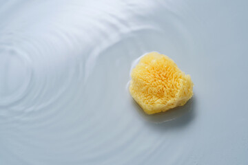 Natural sponge on a blue background with water.