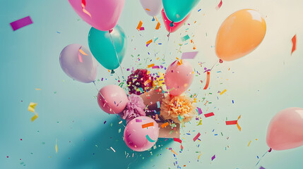 Birthday party flat lay with colorful balloons and confetti escaping from a gift box : Generative AI