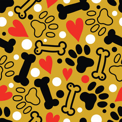 Dog seamless pattern with paws, bones, hearts. Poster, print, post card, table cloth, cloth, shirt, curtain, flannel, foot towel. vector illustration cartoon kawaii cute style. Can be used in textile  - 787357029