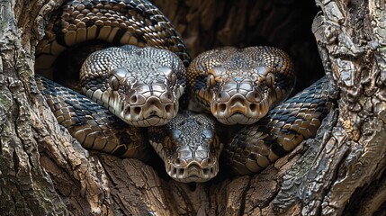 Fototapeta premium Python snakes elegantly coiled around ancient tree trunks in the untamed wilderness environment