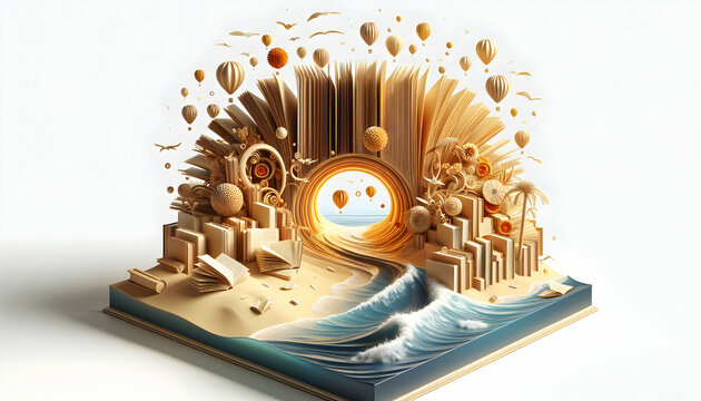 3D Poster of Bookish Paradise: A Serene Beach Scene with Golden Book Page Sand, Greeting Card for World Book Day