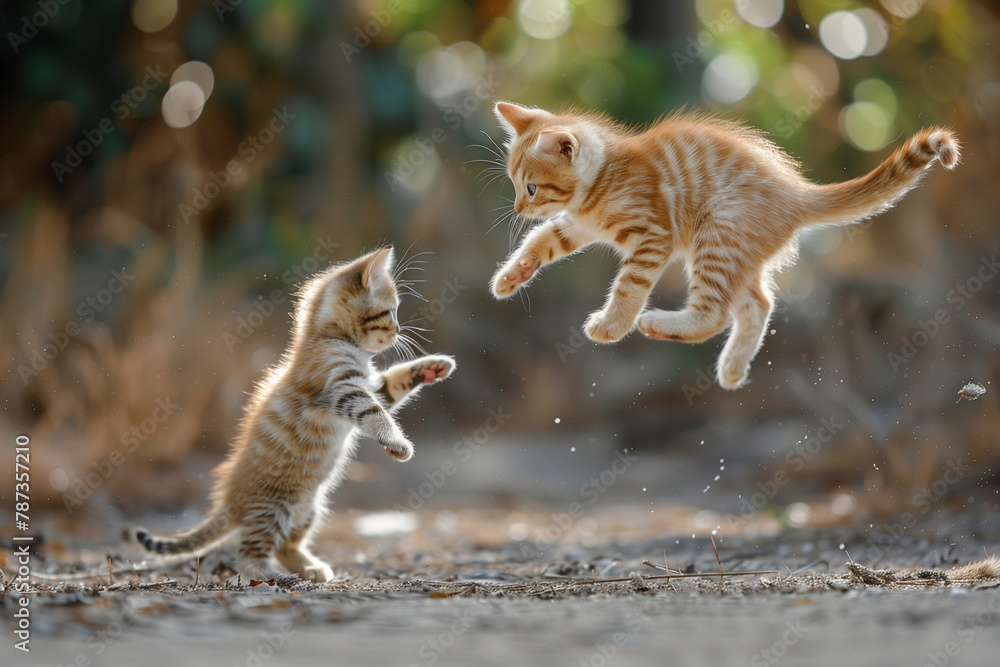 Aufkleber two kittens playing with each other. one is jumping and the other is running. scene is playful and e