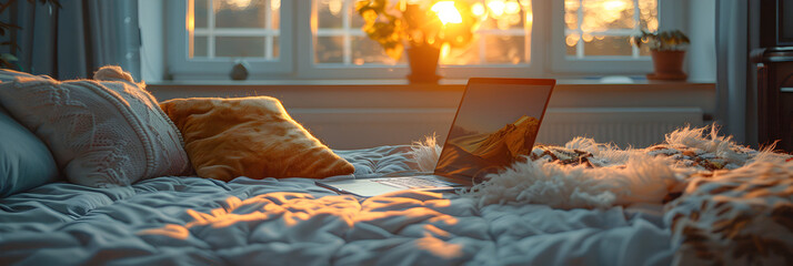 A Laptop Computer Sitting on Top of a Bed,
 Beautiful reflections from stained glass windows in a bedroom as the morning light shines through