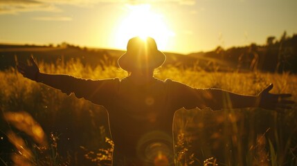 A silhouette of a person sporting a baseball cap back turned towards the sunlit fields and arms spread wide in excitement. . . - obrazy, fototapety, plakaty