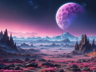 A moon in the sky over an alien rocky desert, and mountains in the background.
