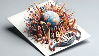 International Harmony: Musical Instruments Unite in Concert for World Music Day Celebration - 3D Poster or Advertising Design