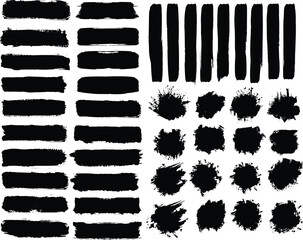 Vector paint, ink brush, brush strokes, brushes, lines, brush strokes collection, Ink splatters, grungy painted lines, artistic design elements. waves, circles, triangles. Vector paintbrush set