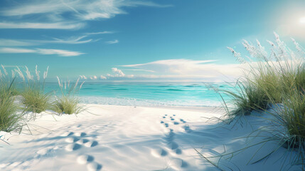 A peaceful beach scene with sunlit sea oats, soft white sand, and an inviting turquoise sea under a sky streaked with clouds.