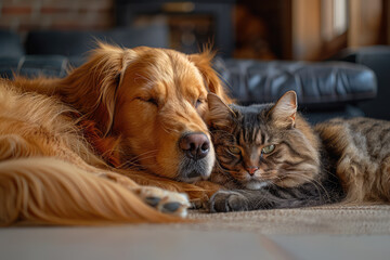  A golden retriever dog and an orange cat cuddle together, resting their heads on each other's bodies in a deep sleep. Created with Ai