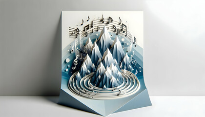 3D Poster: Harmony Heights - A Mountain Range of Musical Notes. Celebrating Music Day with Greeting Card Design on Isolated White Background