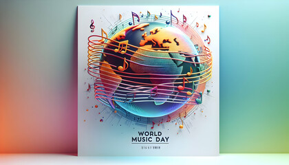 Three-Dimensional Advertising Poster Featuring Melodic Celebrations and Global Unity Through Music in Greeting Card World Music Day Theme on Isolated White Background