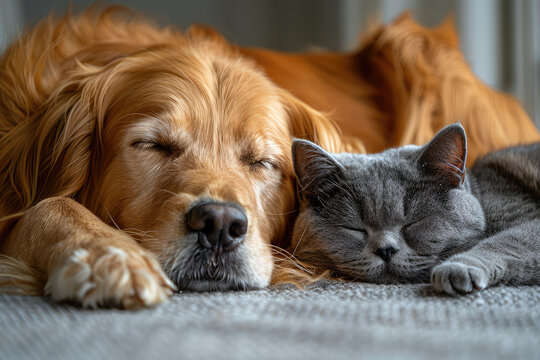 A golden retriever dog and Russian blue cat posing together for the camera, adorable pet photography. Created with Ai