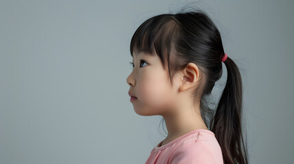 Profile Portrait Of Serious Asian Preteen Girl Looking Aside At Copy Space Standing On Gray Background Wearing Pink Longsleeve Kids Fashion And Beauty Panorama Studio Shot : Generative AI