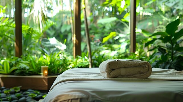 A wideangle shot of a tranquil massage room with large windows revealing a lush green garden outside. Soft instrumental music plays in the background and a waft of fresh herbal fragrance .