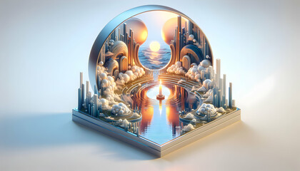 3D Poster or advertising representing Reflections of Faith: A reflective water scene embodying contemplation and faith for the New Year, in greeting card Islamic New Year theme with isolated white bac