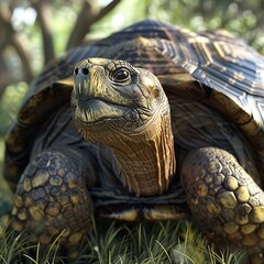Produce a mesmerizing wide-angle CG depiction of an ancient tortoise gracefully enjoying the sunshine