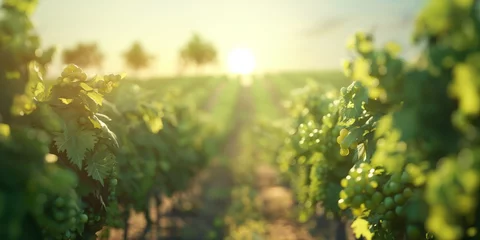 Fotobehang A sun-kissed vineyard scene with rows of grapevines leading to the horizon, clusters of grapes indicating abundant harvest © gunzexx