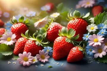 ripe strawberries with flowers, colorful background