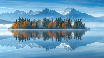 Vivid high tatra lake in early autumn  sunlit trees, sky reflection   nature adventure