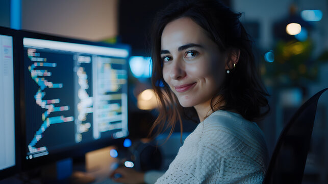 Portrait of female IT developer looking at camera and smiling against programming code on computer screen in office interior copy space : Generative AI