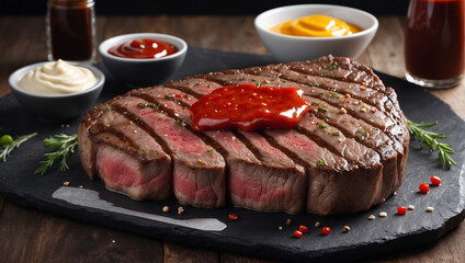 steak with condiments and sauce - obrazy, fototapety, plakaty