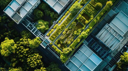 Eco-friendly building in modern factory and industrial zone, drone photography, Ai generated for ads