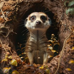 Produce a photorealistic CG wallpaper capturing a curious meerkat in vivid detail, standing guard over its intricately designed burrow - obrazy, fototapety, plakaty