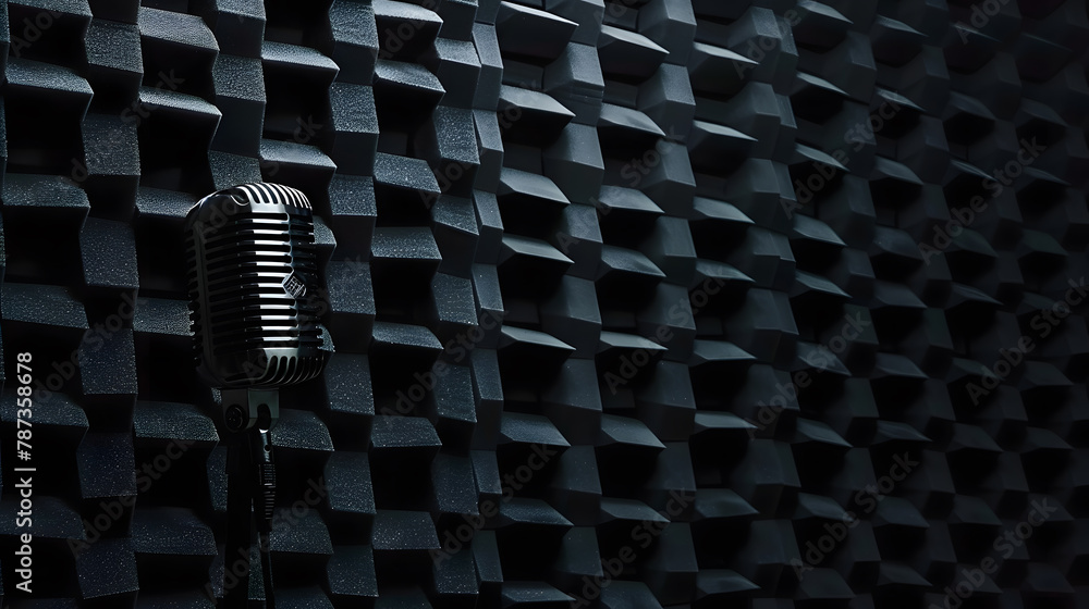 Poster Professional microphone on the black sound proof panel background Recording studio copy space : Generative AI