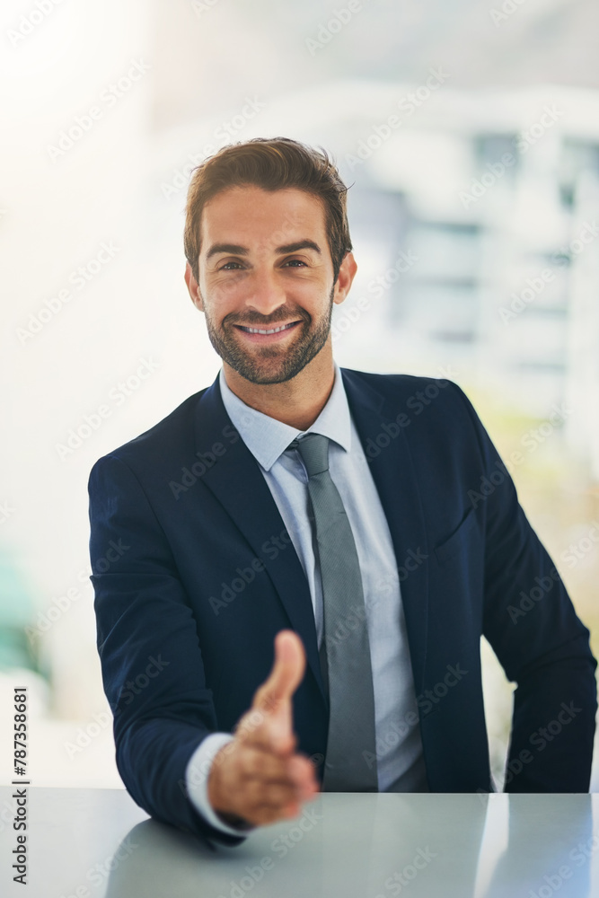 Wall mural Portrait, smile and business with man, handshake and b2b deal with congrats and welcome. Face, corporate and HR officer shaking hand with recruitment or hiring with new job or greeting with thank you