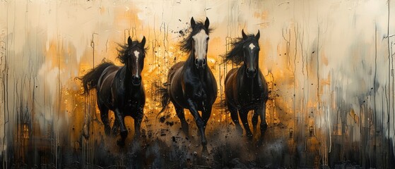 The subject of a modern painting is abstract with metal elements, texture background, animals, horses, etc.