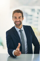 Portrait, smile and business with man, handshake and b2b deal with congrats and welcome. Face, corporate and HR officer shaking hand with recruitment or hiring with new job or greeting with thank you - obrazy, fototapety, plakaty